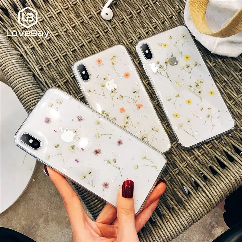 Lovebay Phone Case For iPhone 6 6s 7 8 Plus X XR XS Max Real Flowers Dried Transparent Soft TPU |