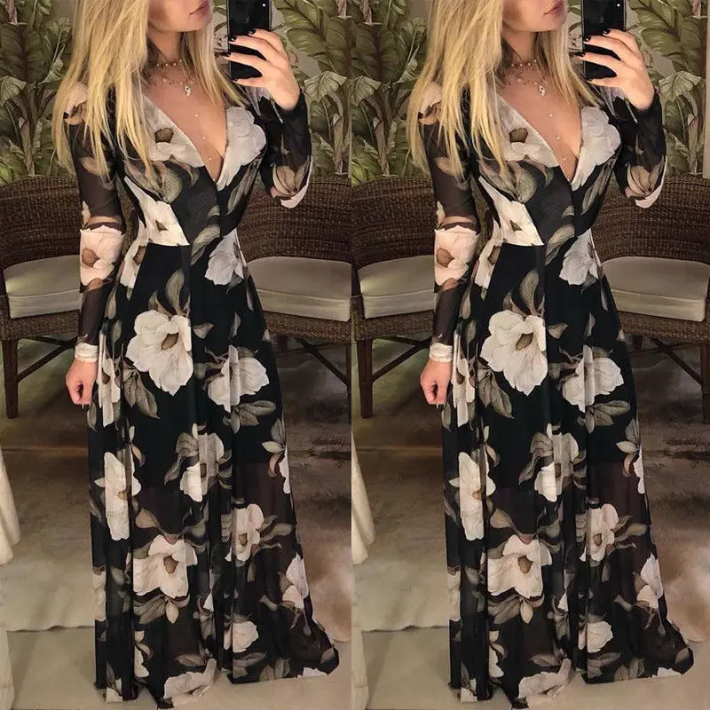 Женское длинное платье с цветочным принтом Boho шифоновое вечернее длинным