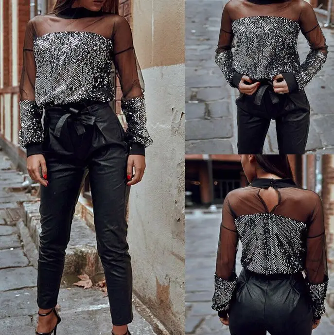 Fashion Sexy Women Gauze Mesh See Through Long Sleeve Paillette Bottoming Shirt | Женская одежда