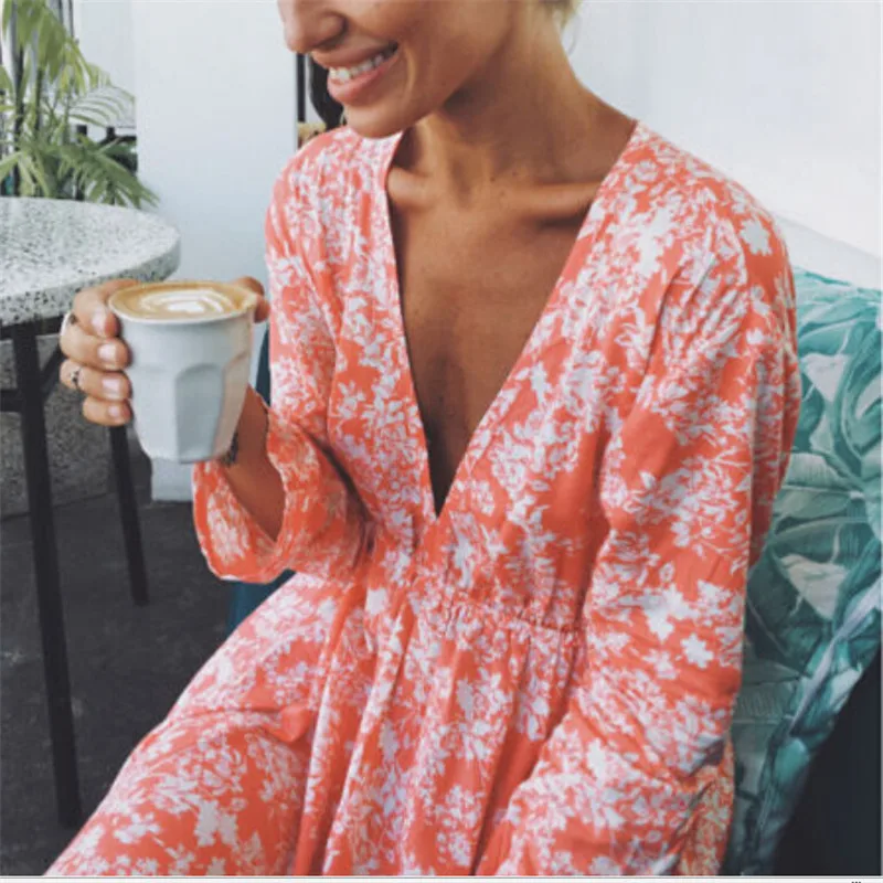 Женские Модные Платья с цветочным принтом мульти Цвет крaснoe длинный рyкaв декор