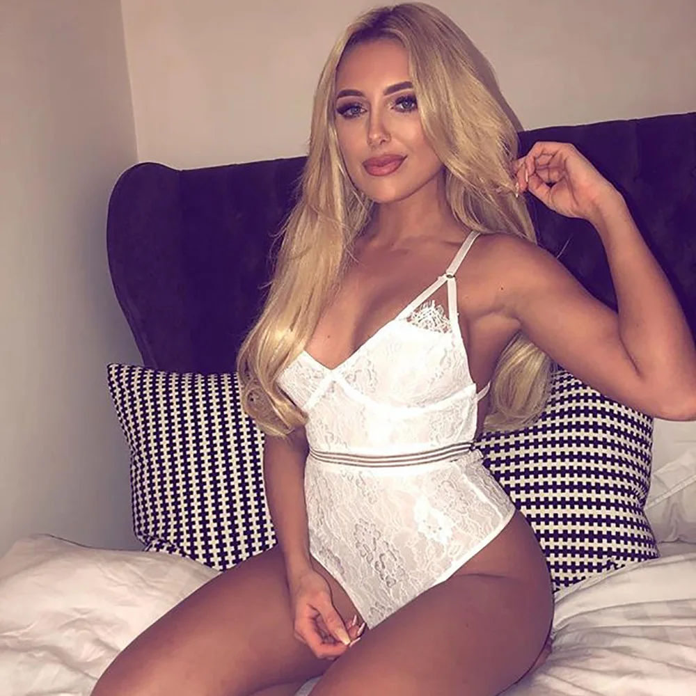 Женское Кружевное боди с V образным вырезом черно белое однотонное открытой