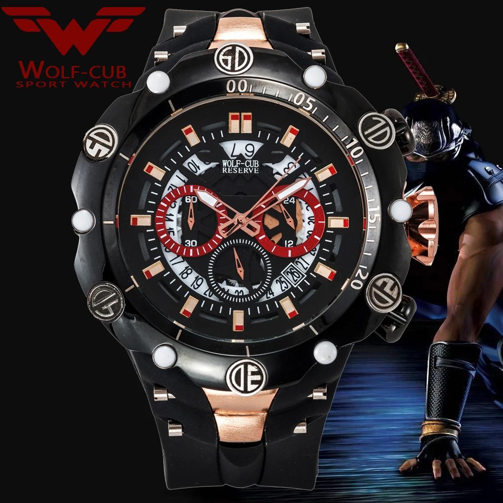 

WOLF-CUB Big Dial Men's Sports Watches Waterproof Red Dial Man Steel Chronograph Quartz Wrist Watch Military Relogio Masculino