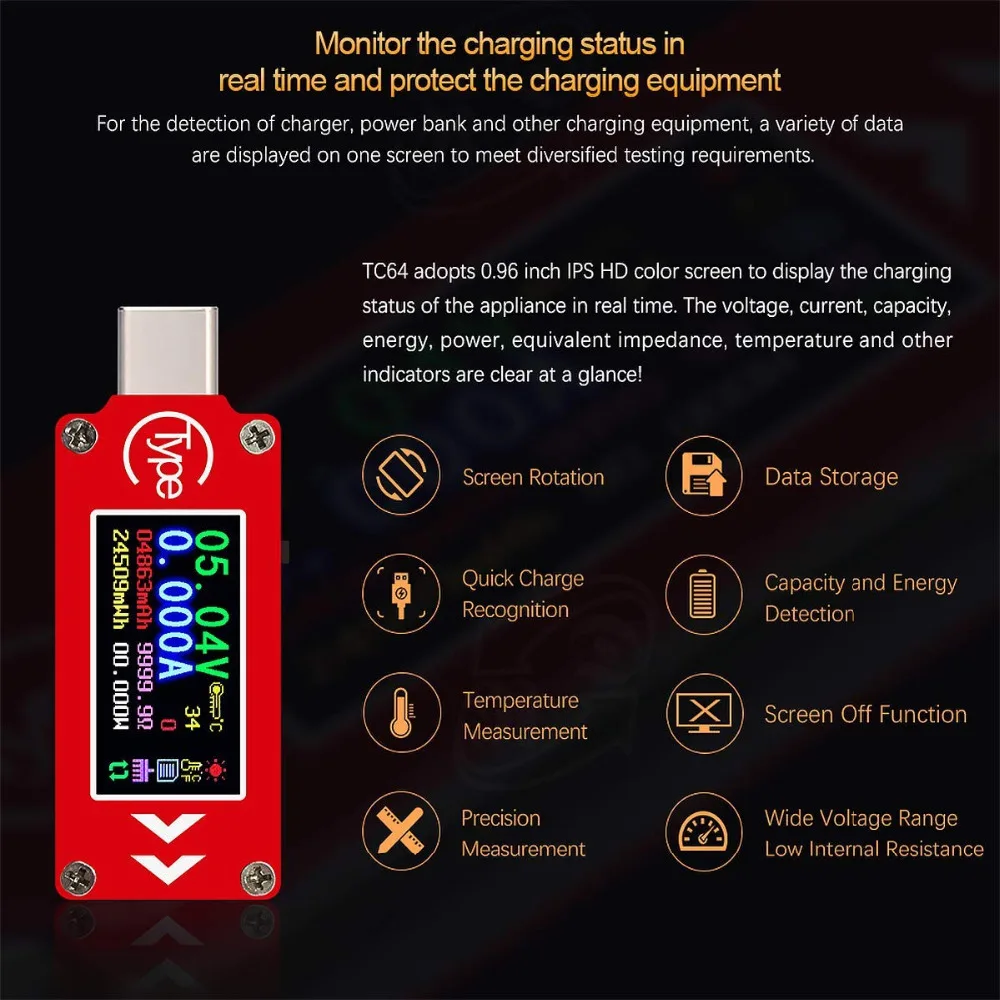 USB-тестер TC64 вольтметр-амперметр с разъемом Type-C и цветным ЖК-дисплеем |