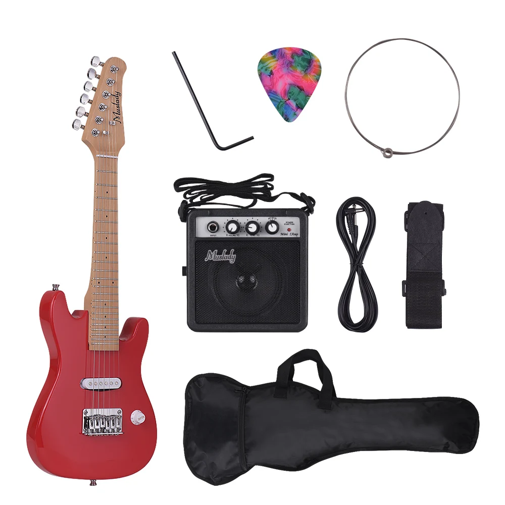 

Muslady 28 Inch Kids Children Electric Guitar Kit Maple Neck Paulownia Body with Mini Amplifier Guitar Bag Strap Pick String