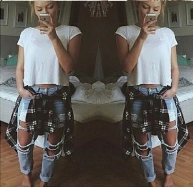 Женские джинсы шаровары с дырками рваные больших размеров O8R2 2018|Прямые джинсы| |