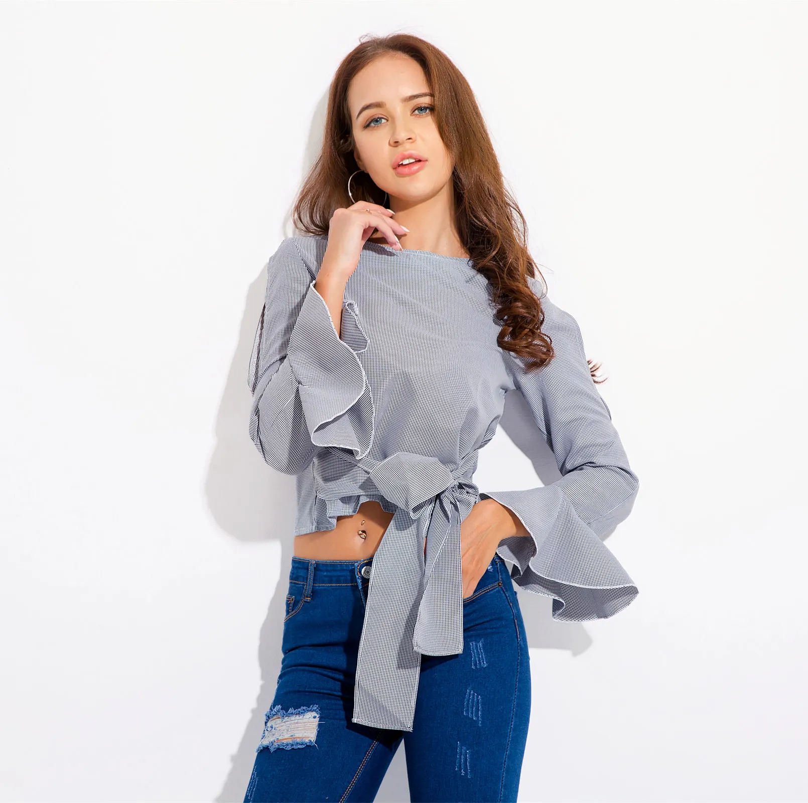 2017 Spring New Pattern Short Fund Bandage Stripe Shirt Jacket