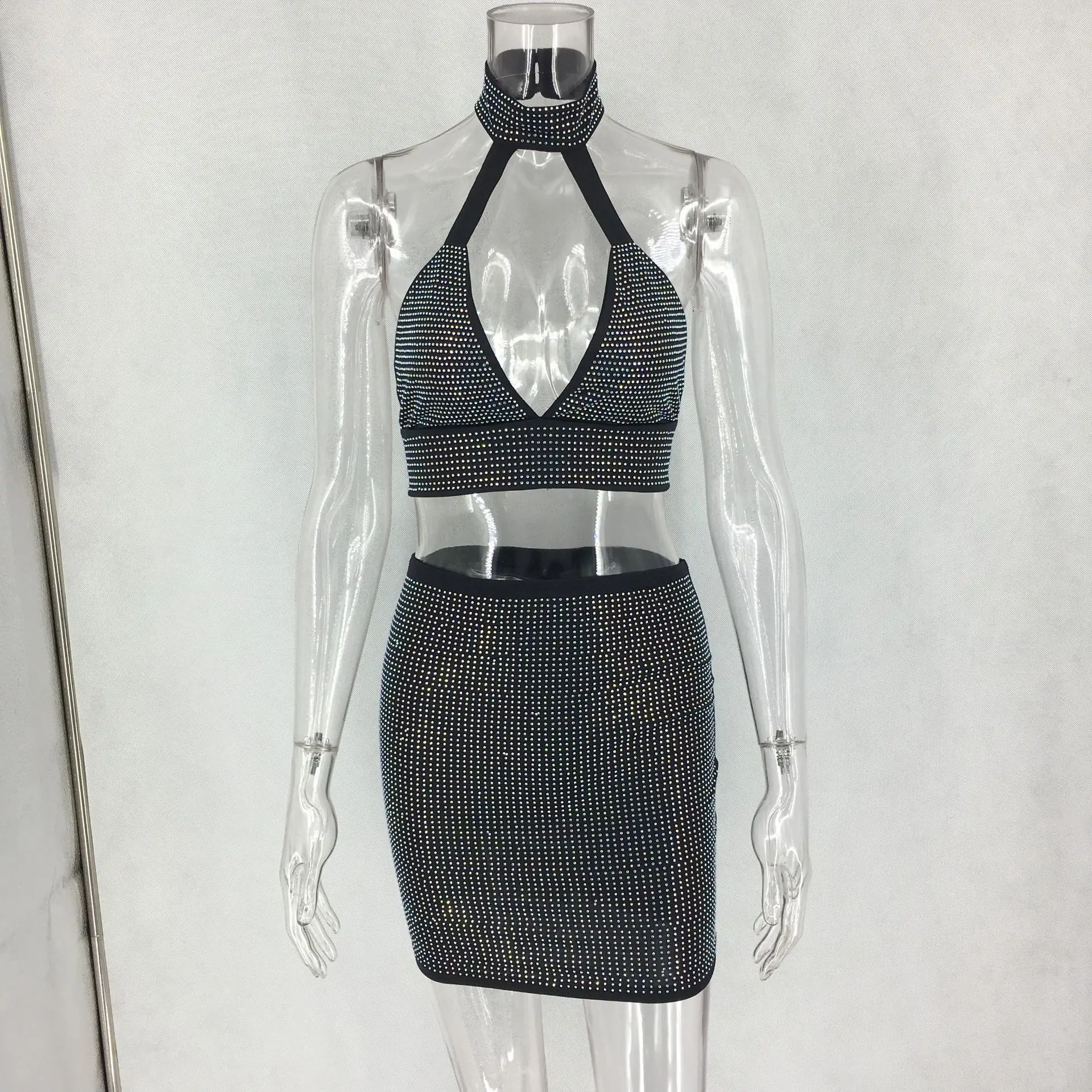 Hot Drilling Bling Women Sexy Dresses Halter Backless 2 Piece Summer V Neck Nightclub Dress Suits | Женская одежда