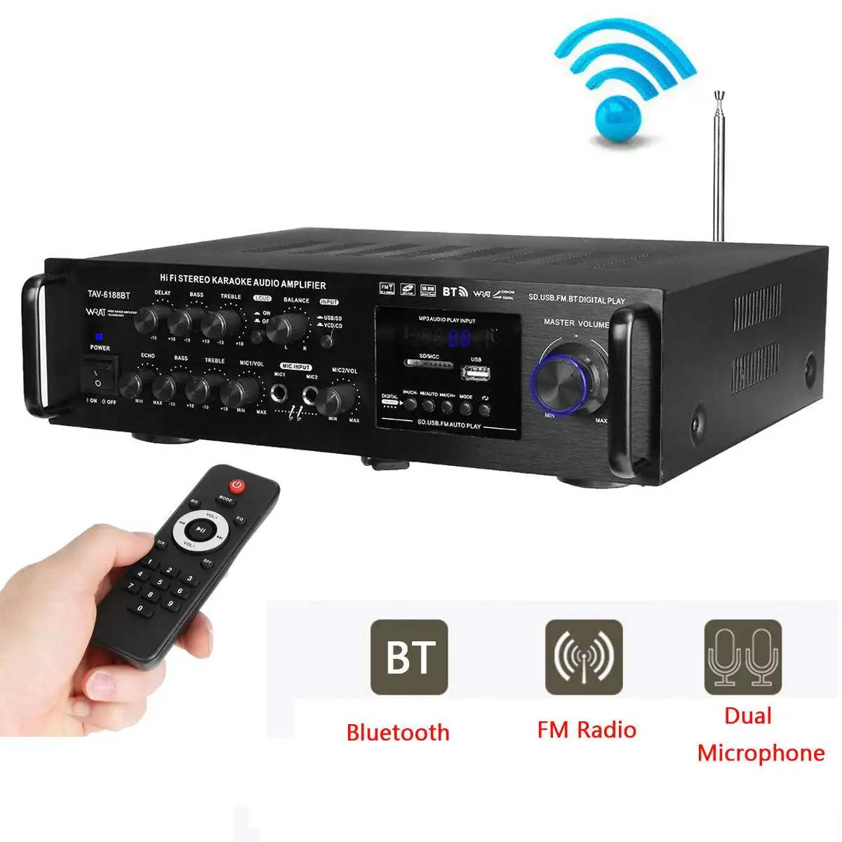 

220-240V 2000W Wireless Digital Audio Amplifier 4ohm bluetooth Stereo Karaoke Amplifier 2 MIC Input FM RC Home Theater Amplifier