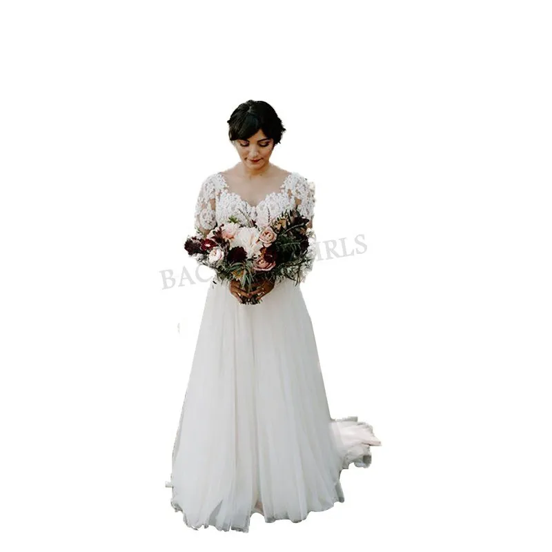 Кружевное свадебное платье с длинными рукавами 2019 шифоновое простое