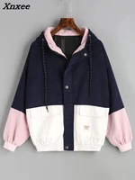 xnxee winter warm color block hooded corduroy jacket drawstring hit color patched pocket thick basic women coat harajuku new