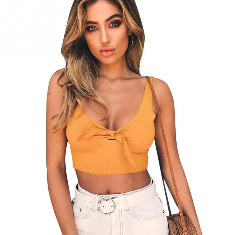2019 Womens Sexy Short Tank Top Knot Design Solid Color Low Cut Vest Ladies Crop Tops #1020 | Женская одежда