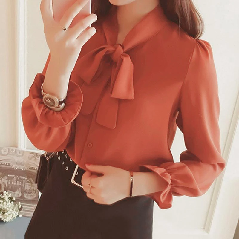 Женская мода Стенд воротник галстук бабочка с длинным рукавом шифон OL офисные