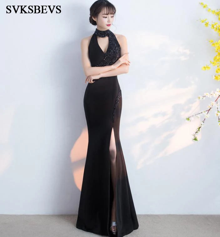 

SVKSBEVS Luxury Crystal Halter Mermaid Sexy Split Long Dresses 2019 Elegant Off The Shoulder Party Maxi Dress
