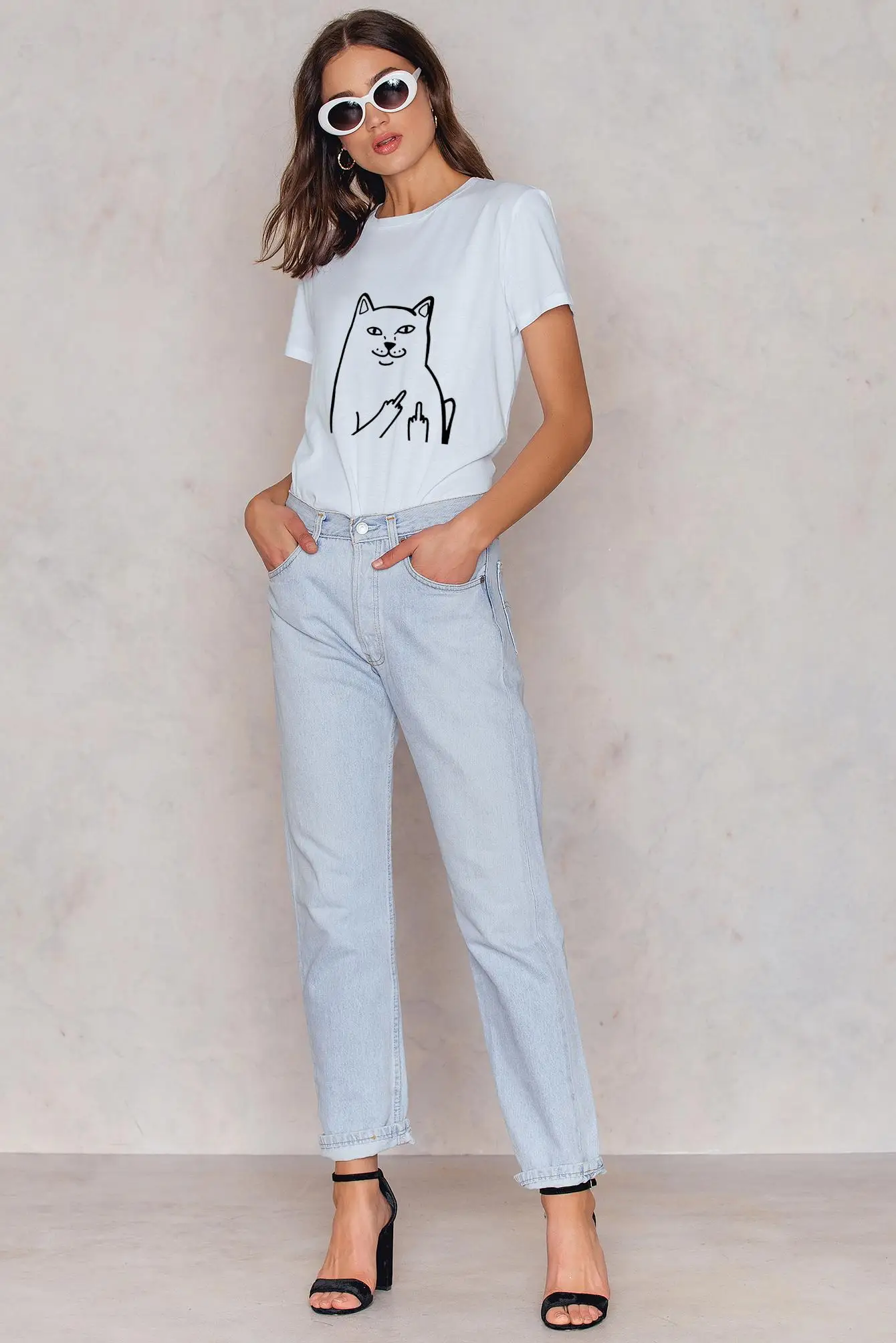 

Spot the European and American foreign trade new women's clothing Round collar short sleeve sets cat printing T-shirt coat T