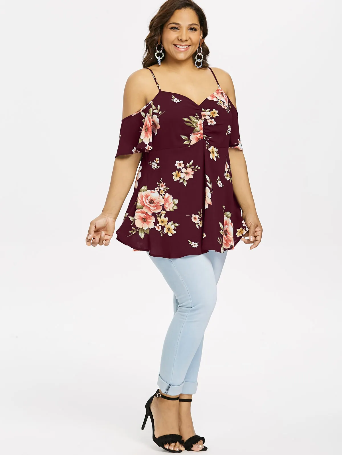 Wipalo Plus Size Blusas Feminina Floral Print Open Shoulder Blouse Women Summer Sweetheart Neck Half Sleeve Blouses Ladies Tops | Женская