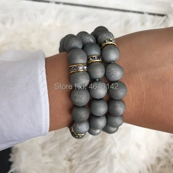 Boho Pave Rhinstone серый Серебристые друзы растягивающийся браслет в стиле
