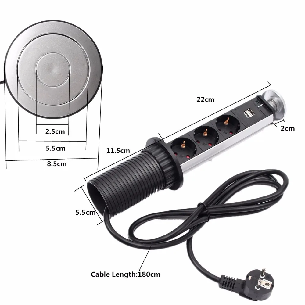 

(Ship from Spain) 16A 220V Pull Pop Up Socket Kitchen with 3 EU Power Plug Socket 2 USB Charging Phone for Office Desk Hidden
