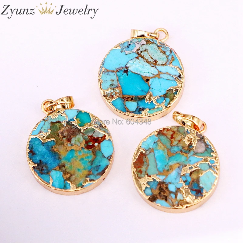5 комплектов; ; Модный кулон высокого качества круглая форма натуральный howlite срез камня с золотой гальванизированный для ювелирных изделий DIY