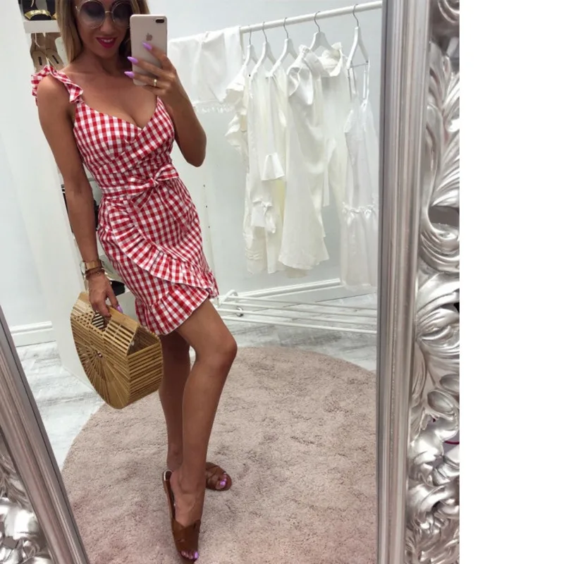 Summer Plaid Bow-knot Sleeveless Sweet Holiday Short Dress Backless High Waist Bandage Ruffle Party Dresses Vestiti Donna Ey* | Женская