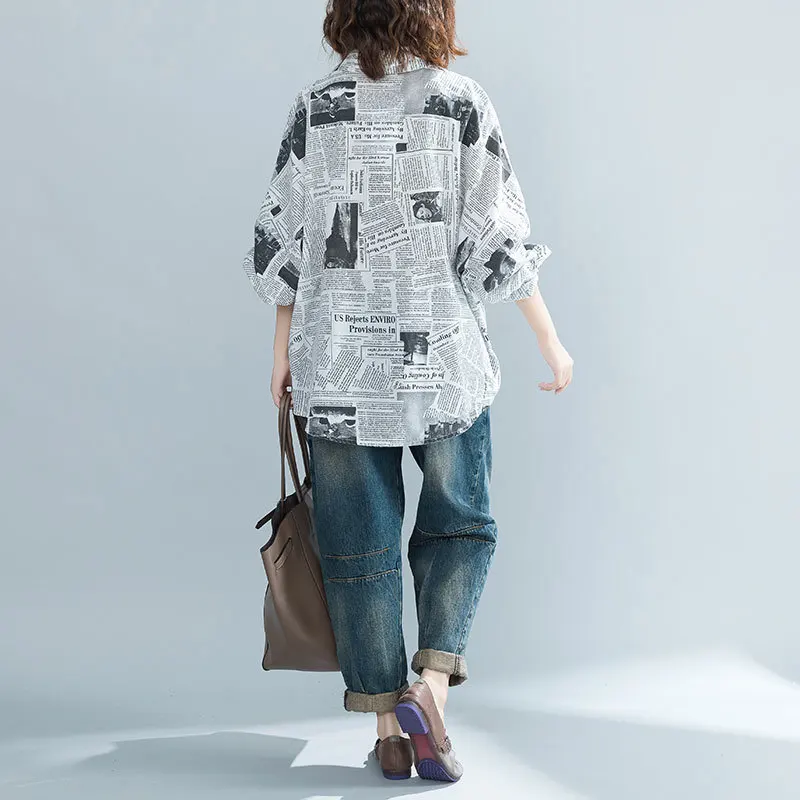 BUYKUD Spring Autumn Cotton and Polyester Shirt Casual Women Long Batwing Sleeve Printing Turn-down Collar Middle Length |