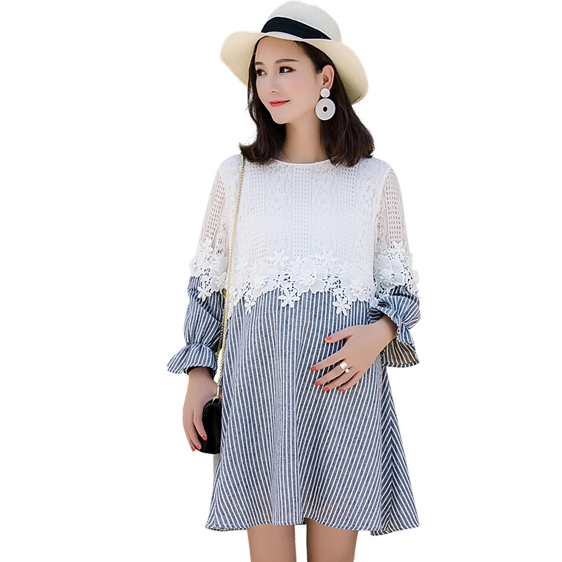 2020 new spring pregnant women dress long sleeve lace splicing chiffon loose maternity mini pregnancy a-line shirts blouse | Мать и