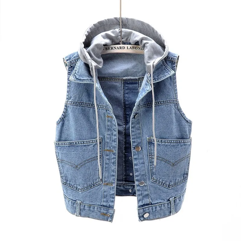 5XL Large Size Vest 2019 Fashion Women's Spring Sleeves For Women Denim Vests Wild Hooded Sleeveless Tops AS411 | Женская одежда