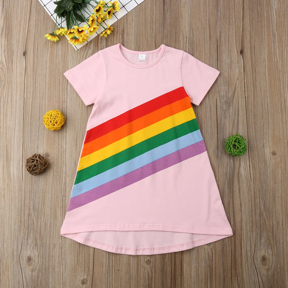 2019 Brand New Toddler Baby Girls Dress Colorful Rainbow Print Long Sleeve Pink Cotton A-Line Causal Summer Clothes 1-6Y | Детская
