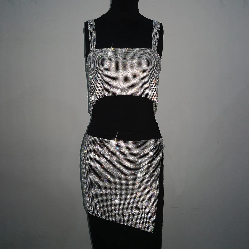 

Backless Rhinestone Crystal Chain Mesh Crop Top and Skirt Sparkly Club Party Night Outfit Sparkly Set Evening Wear Slit Skirt
