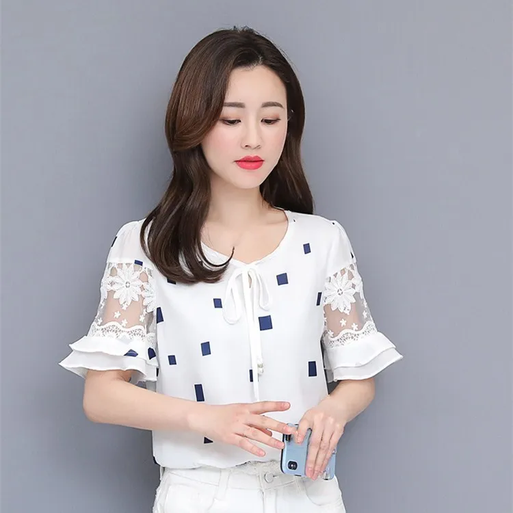 New Arrival Women Summer O-Neck Stripe Slim Blouse Butterfly Sleeve Ladies Lace-Up Patchwork Lace Plus Size Chiffon Shirts |