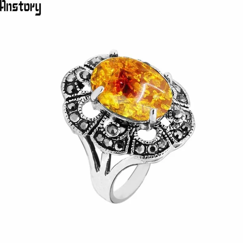 Oval Flower Resin Rings For Women Antique Silver Plated Rhinestone Plum Vintage Jewelry TR707|Кольца| |