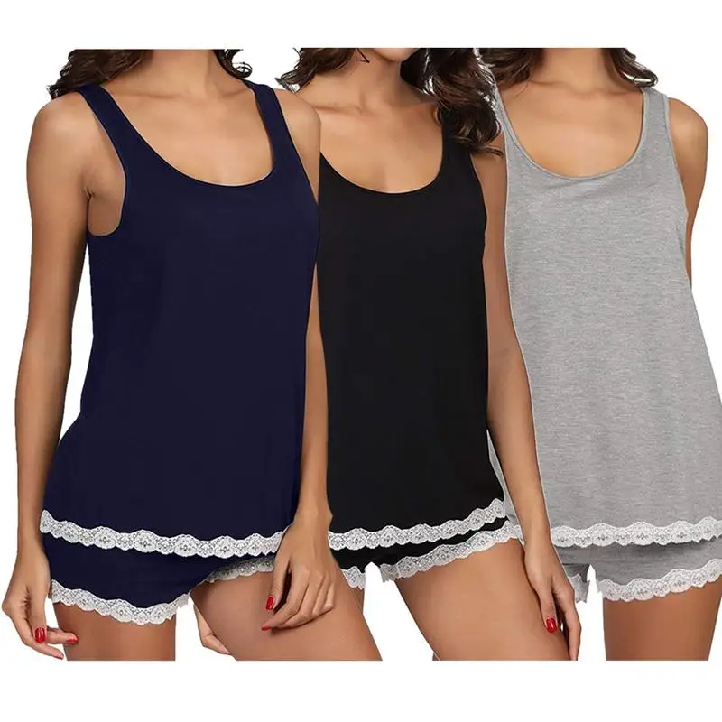 

2019 New Women Summer Fashion Lace Stitching Vest Shorts Sleepwear Suit Comfortable Pajamas Home Service