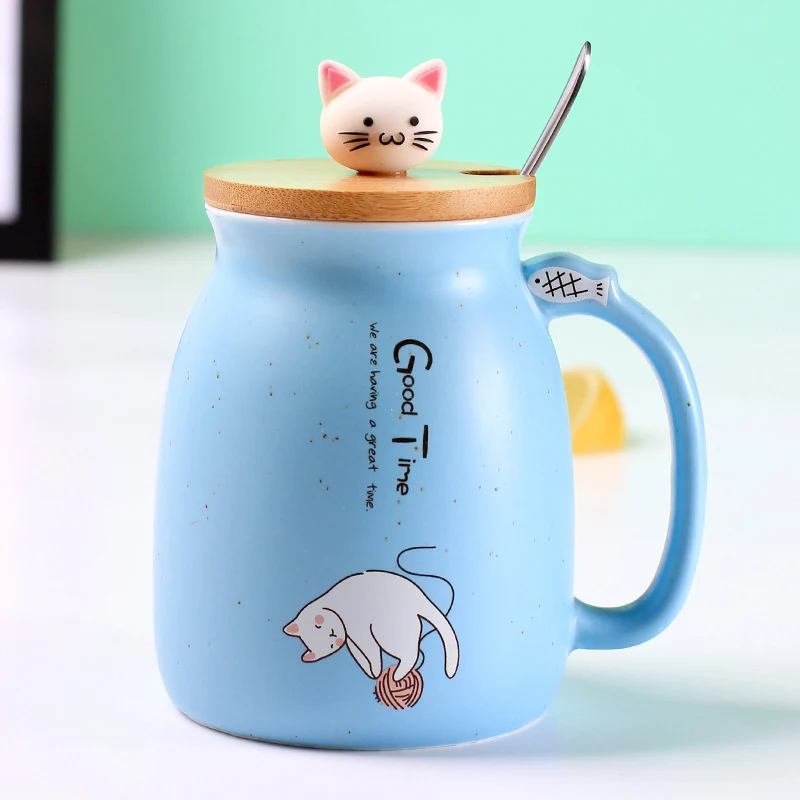 Creative Mug heat-resistant cartoon with lid Spoon cup kitten coffee ceramic mugs children office Cute Cat Drinkware gift | Дом и сад