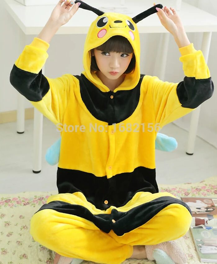 

Kigurumi Cosplay Costume Bee Pajamas Flannel Animal Onesies Adult Cartoon Sleepwear Pyjamas For Party Clothes