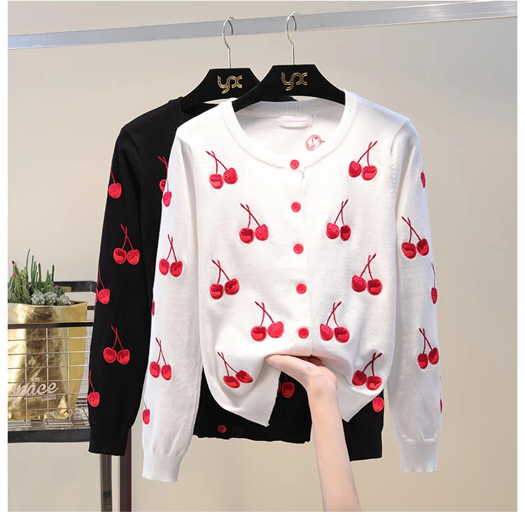 Women's Knitting Cardigan Sweater Female tops Cherry Printing Women Cardigans 2019 Spring Autumn Fashion Jacket |