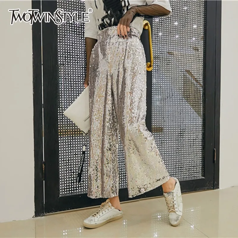 Женские брюки с блестками TWOTWINSTYLE весенние эластичные до щиколотки высокой