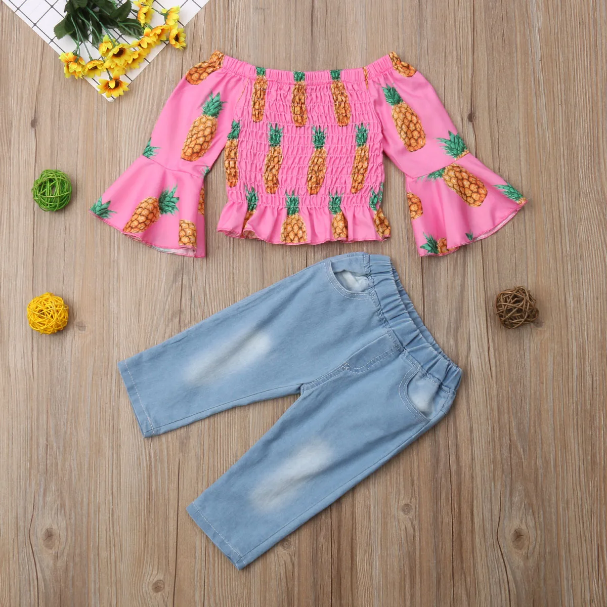 1-5Y Fashion Pretty Infant Kids Baby Girls Clothes 2PCS Flare Sleeve Pineapple Print Tops+Denim Long Pants |