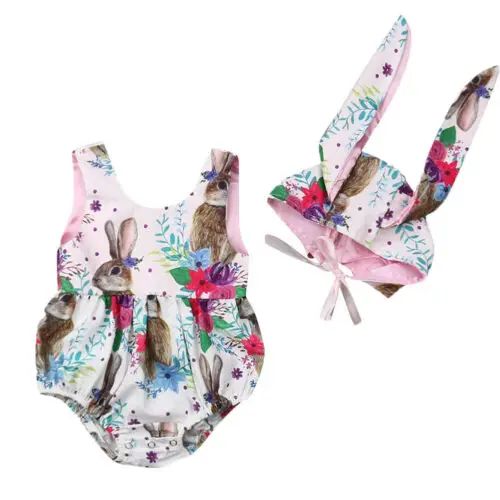 

Pudcoco 2019 New Newborn Easter Rabbit Baby Girl Bodysuit Sleeveless Jumpsuit +Bunny Ear Hat 2pcs Summer Kids Outfits Clothes