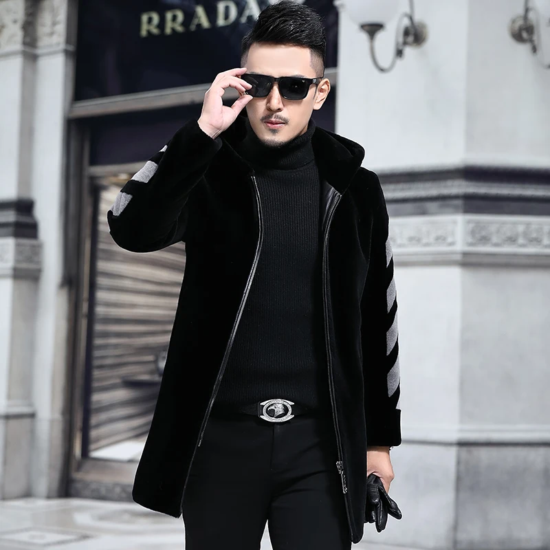 VHO природный натуральный мех овечья шерсть пальто для мужчин длинные с капюшоном