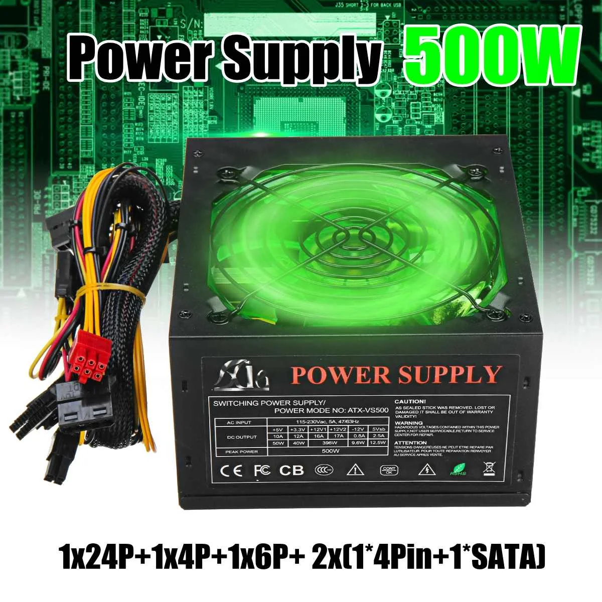 Блок питания 500 Вт 120 мм светодиодный вентилятор 24 контактный PCI SATA ATX 12 В блок для