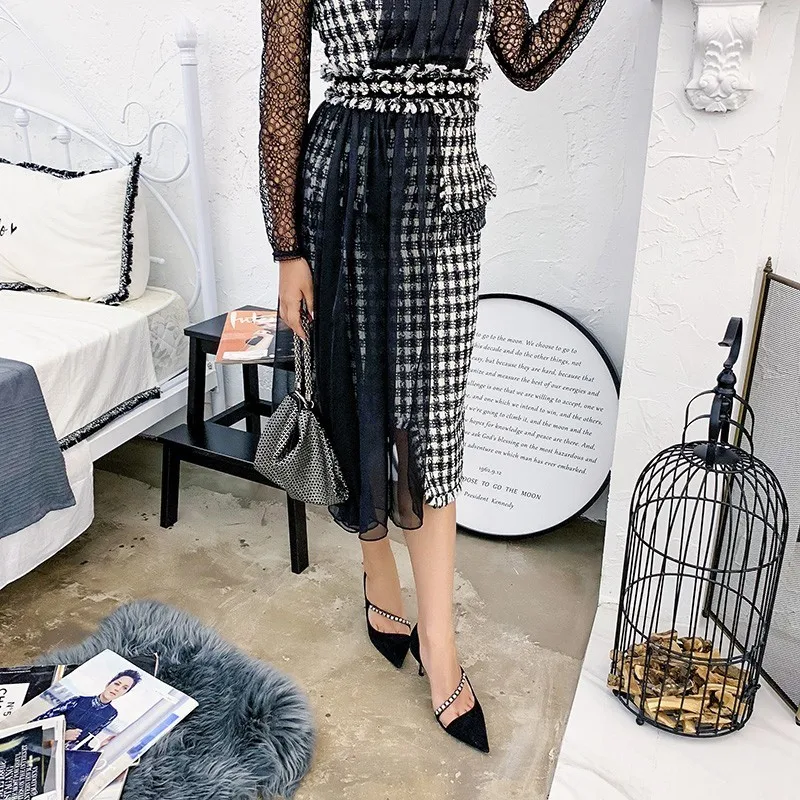 TWOTWINSTYLE Винтаж нерегулярные платье в клетку для женщин с длинным рукавом Высокая