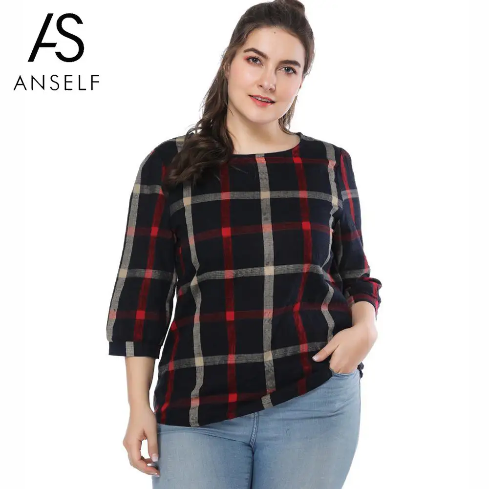 Anself 2019 Весна Новый плед Топ Модная женская блузка с круглым вырезом 3/4 рукавом
