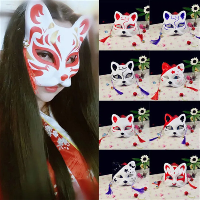 Маска из лисы на половину лица японское аниме ручная роспись Kitsune Хэллоуин