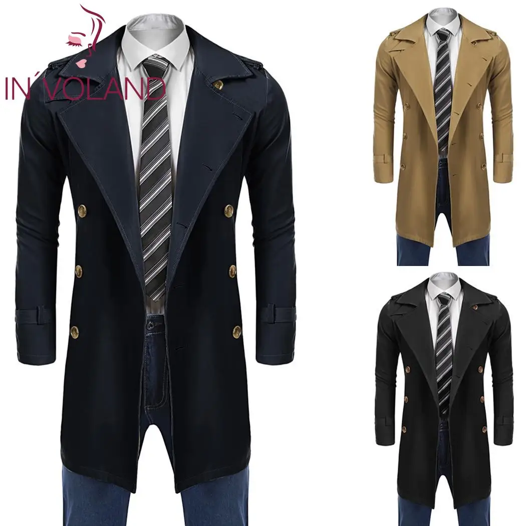 Для мужчин отложной воротник двубортный Slim Fit длинное пальто зима весна осень
