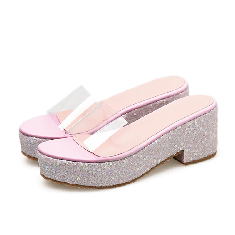 Шикарные босоножки Летние блестящие шлепанцы женские пляжные обувь на высоком