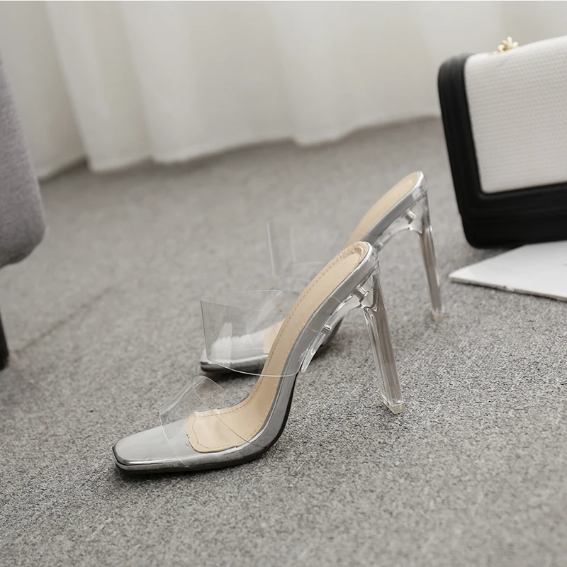 Для женщин неоновый шлепанцы прозрачная обувь на прозрачном каблуке слипоны