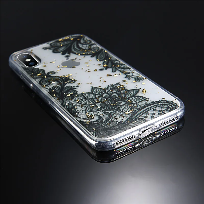 Lovebay New Spangle Luxury Flower Lace Soft Phone Case For Iphone X 6 6s 7 8 Plus XR XS MAX Glossy Covers Capa Coque TPU Pattern |