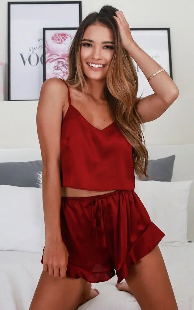 Женская пикантная Повседневная атласная Шелковая пижама Нижнее белье Ночное