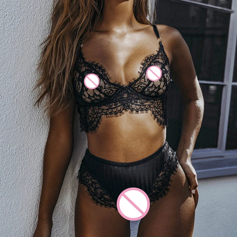 

Morease 2019 New Eyelash Lace Perspective Bra Set Europe and America Sexy Black and White Sexy Lingerie Sets woman erotic shop