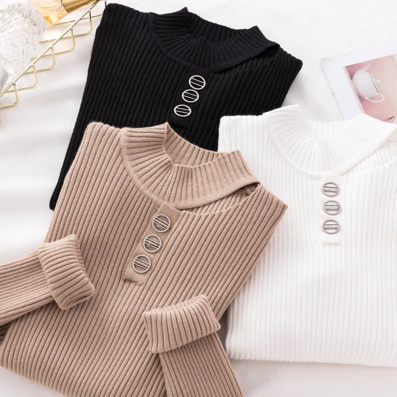 Kawaii Round Neck Women Knitting Sweater Long Sleeve Black White Knitted Sweaters And Pullovers Sueter Mujer Tops | Женская одежда