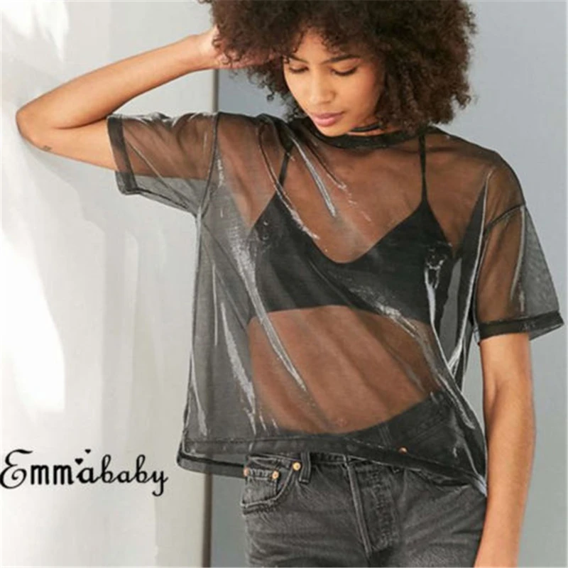 Summer Women Lace Sequined Blouses Shirt Ladies tops Sexy mesh Transparent Elegant See-through Black |